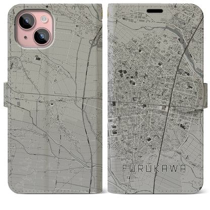 【古川（宮城県）】地図柄iPhoneケース（手帳タイプ）モノトーン・iPhone 15 Plus 用