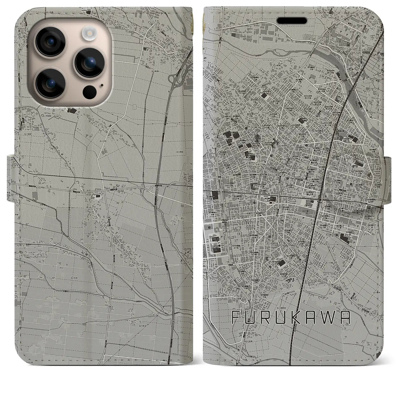 【古川（宮城県）】地図柄iPhoneケース（手帳タイプ）モノトーン・iPhone 16 Plus 用