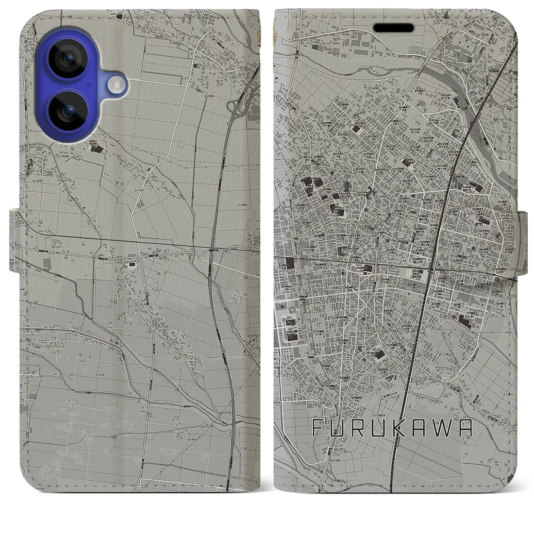 【古川(宮城県)】地図柄iPhoneケース(手帳タイプ)モノトーン・iPhone 16 Pro Max 用