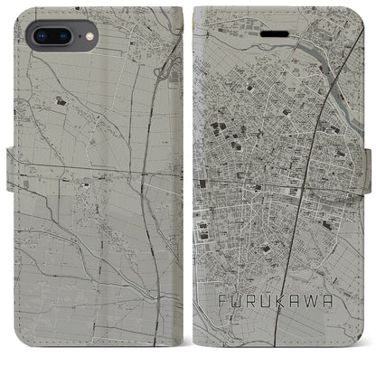 【古川（宮城県）】地図柄iPhoneケース（手帳タイプ）モノトーン・iPhone 8Plus /7Plus / 6sPlus / 6Plus 用