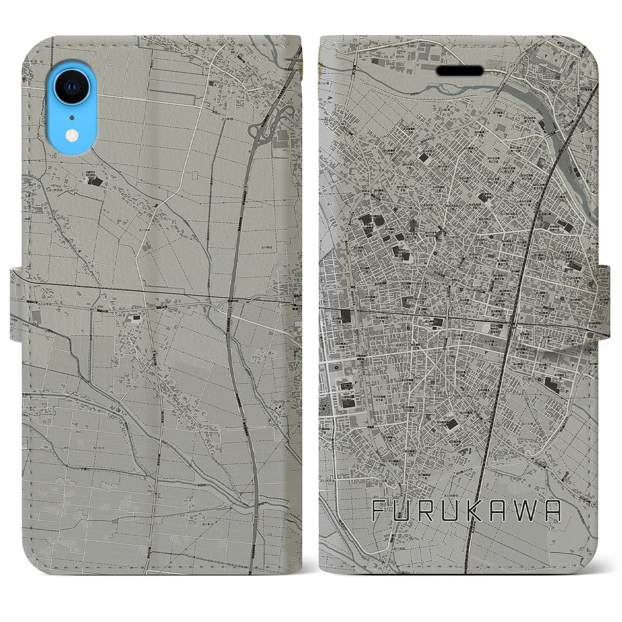 【古川】地図柄iPhoneケース（手帳両面タイプ・モノトーン）iPhone XR 用