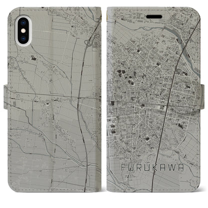 【古川（宮城県）】地図柄iPhoneケース（手帳タイプ）モノトーン・iPhone XS Max 用