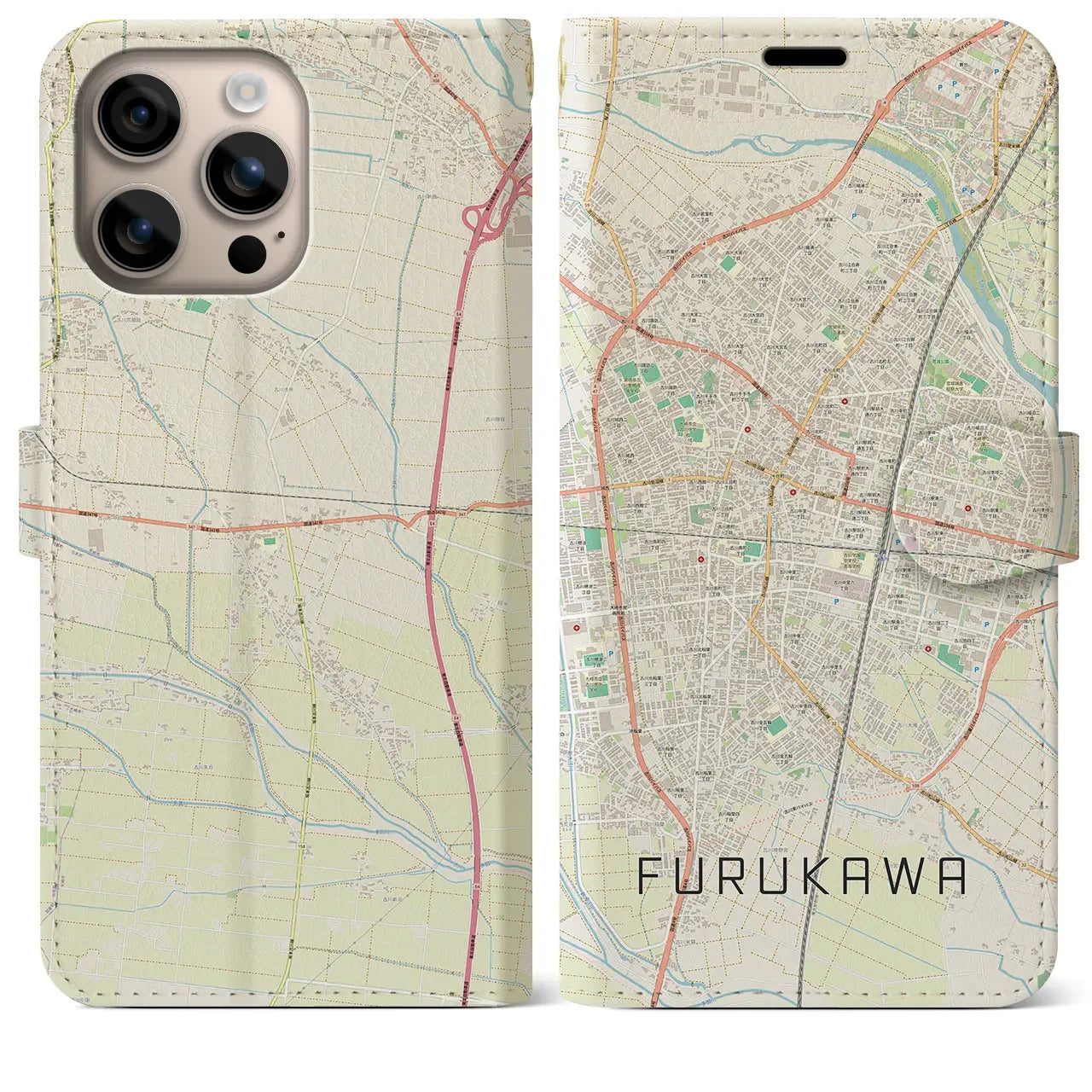 【古川（宮城県）】地図柄iPhoneケース（手帳タイプ）ナチュラル・iPhone 16 Plus 用