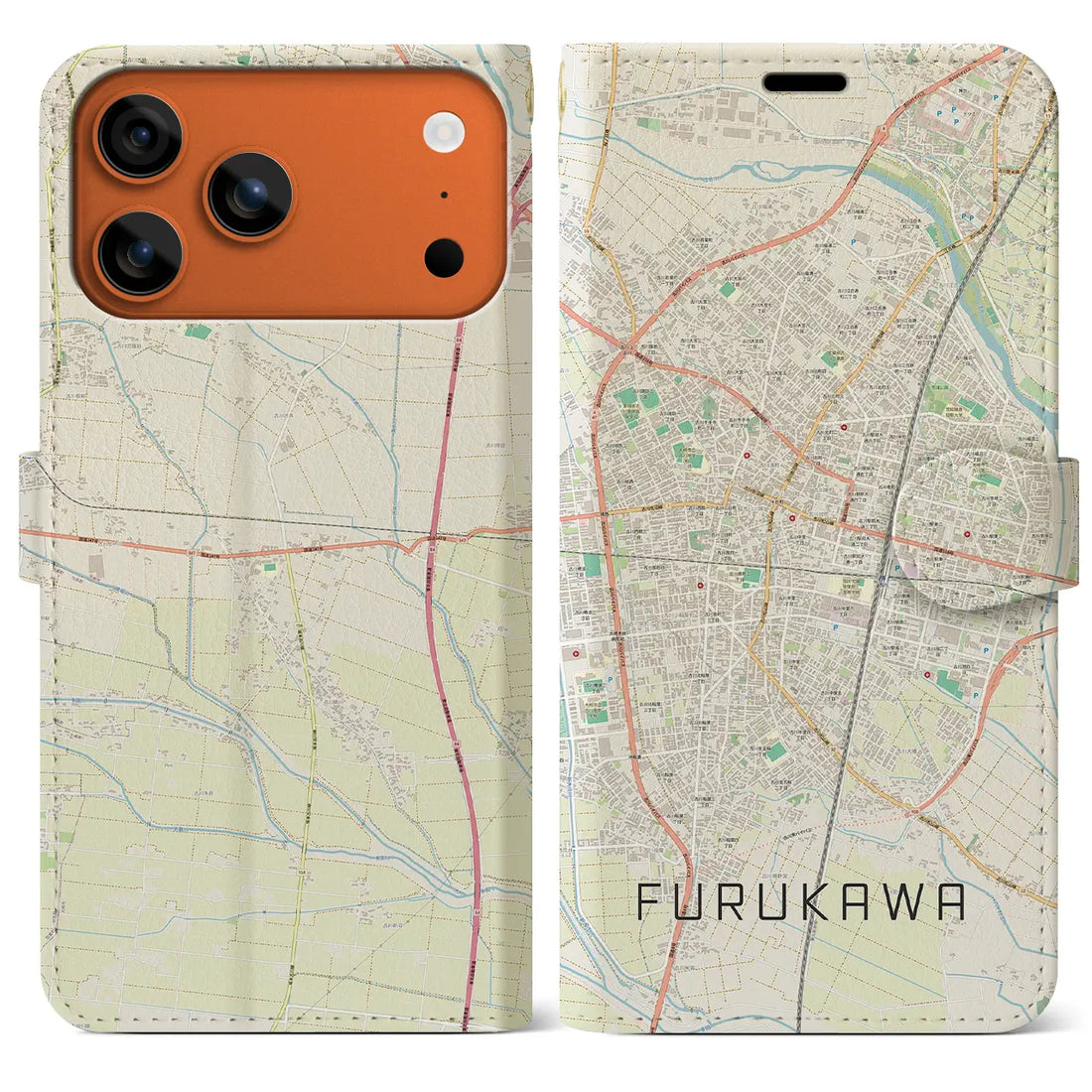 【古川(宮城県)】地図柄iPhoneケース(手帳タイプ)モノトーン・iPhone 17 Pro Max 用