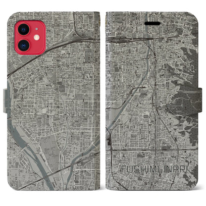 【伏見稲荷（京都府）】地図柄iPhoneケース（手帳タイプ）モノトーン・iPhone 11 用