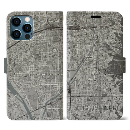 【伏見稲荷（京都府）】地図柄iPhoneケース（手帳タイプ）モノトーン・iPhone 12 / 12 Pro 用