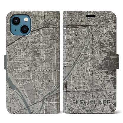 【伏見稲荷（京都府）】地図柄iPhoneケース（手帳タイプ）モノトーン・iPhone 13 用