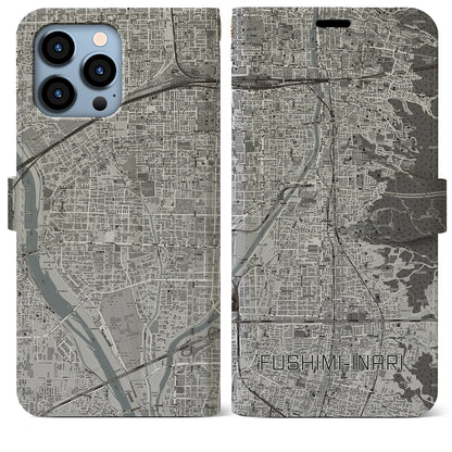 【伏見稲荷（京都府）】地図柄iPhoneケース（手帳タイプ）モノトーン・iPhone 13 Pro Max 用