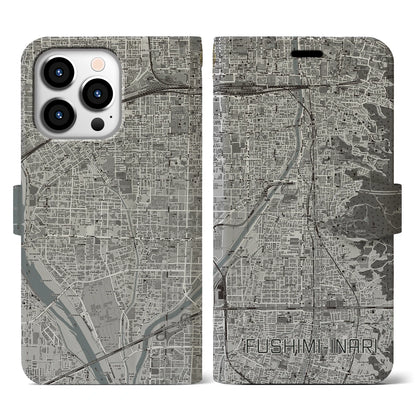 【伏見稲荷（京都府）】地図柄iPhoneケース（手帳タイプ）モノトーン・iPhone 13 Pro 用