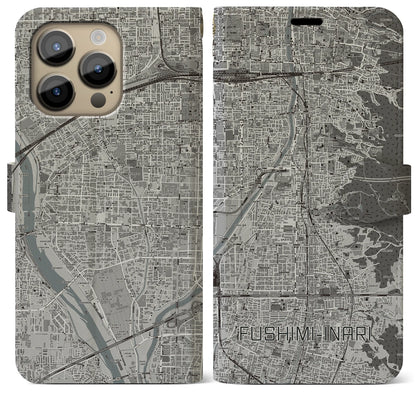 【伏見稲荷（京都府）】地図柄iPhoneケース（手帳タイプ）モノトーン・iPhone 14 Pro Max 用