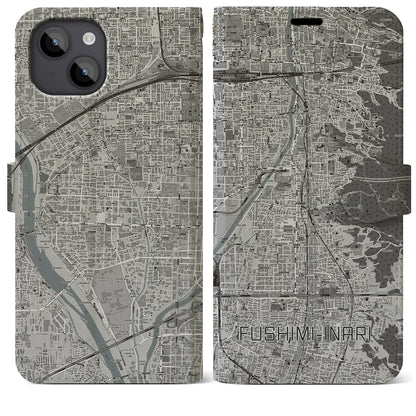 【伏見稲荷（京都府）】地図柄iPhoneケース（手帳タイプ）モノトーン・iPhone 14 Plus 用