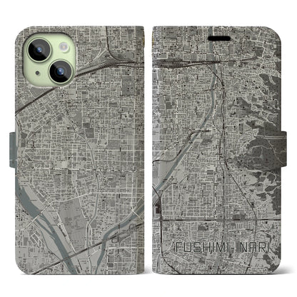 【伏見稲荷（京都府）】地図柄iPhoneケース（手帳タイプ）モノトーン・iPhone 15 用