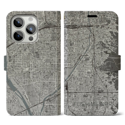 【伏見稲荷（京都府）】地図柄iPhoneケース（手帳タイプ）モノトーン・iPhone 15 Pro 用