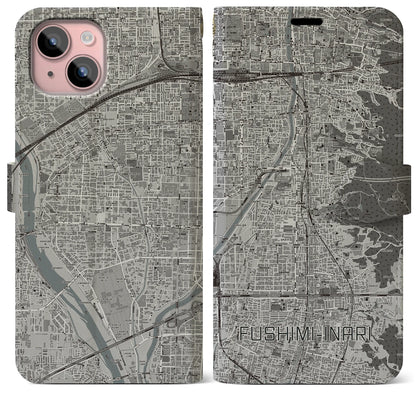 【伏見稲荷（京都府）】地図柄iPhoneケース（手帳タイプ）モノトーン・iPhone 15 Plus 用