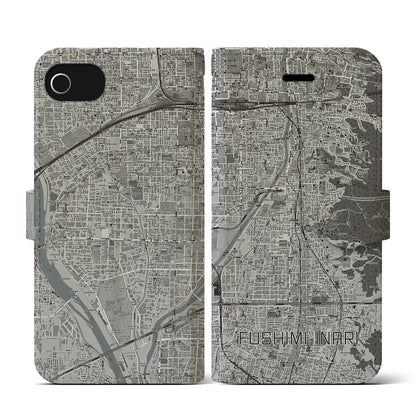 【伏見稲荷（京都府）】地図柄iPhoneケース（手帳タイプ）モノトーン・iPhone SE（第3 / 第2世代） / 8 / 7 / 6s / 6 用