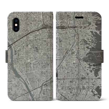 【伏見稲荷（京都府）】地図柄iPhoneケース（手帳タイプ）モノトーン・iPhone XS / X 用