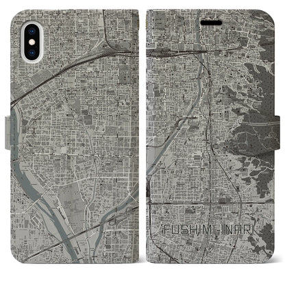 【伏見稲荷（京都府）】地図柄iPhoneケース（手帳タイプ）モノトーン・iPhone XS Max 用