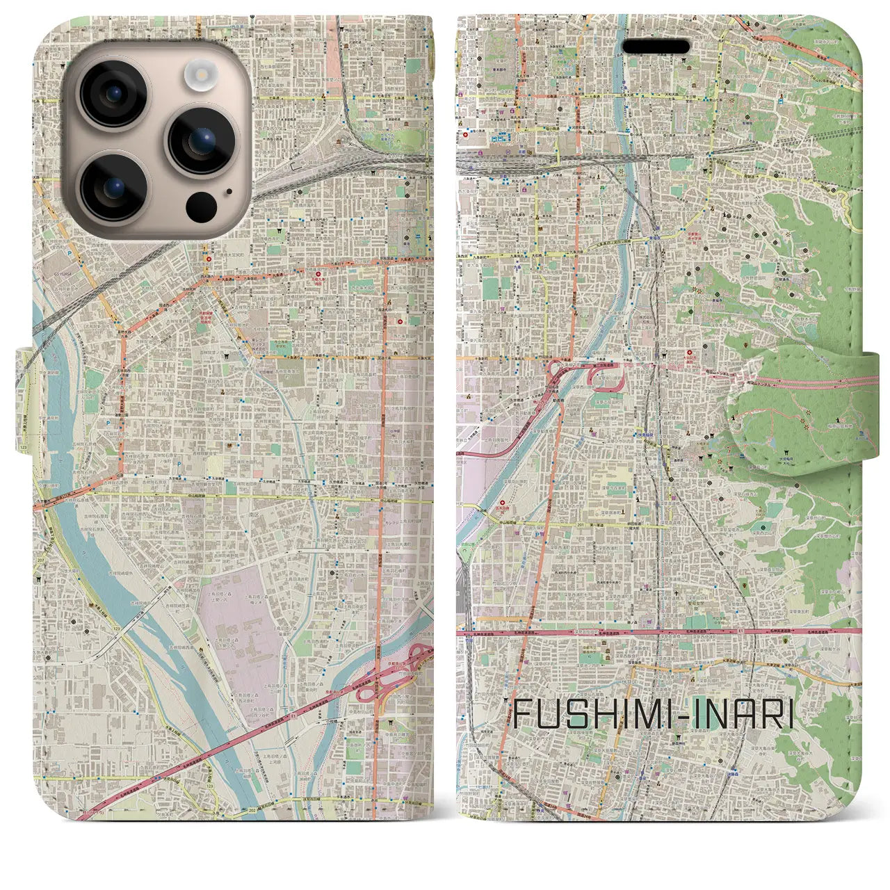 【伏見稲荷（京都府）】地図柄iPhoneケース（手帳タイプ）ナチュラル・iPhone 16 Plus 用