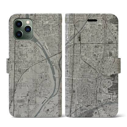 【伏見（京都府）】地図柄iPhoneケース（手帳タイプ）モノトーン・iPhone 11 Pro 用