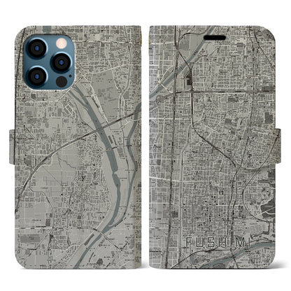 【伏見（京都府）】地図柄iPhoneケース（手帳タイプ）モノトーン・iPhone 12 / 12 Pro 用