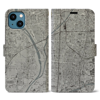 【伏見（京都府）】地図柄iPhoneケース（手帳タイプ）モノトーン・iPhone 13 用