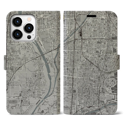 【伏見（京都府）】地図柄iPhoneケース（手帳タイプ）モノトーン・iPhone 13 Pro 用