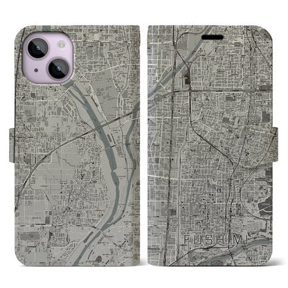 【伏見（京都府）】地図柄iPhoneケース（手帳タイプ）モノトーン・iPhone 14 用