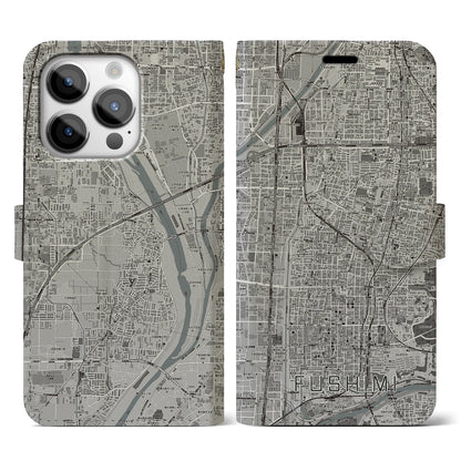 【伏見（京都府）】地図柄iPhoneケース（手帳タイプ）モノトーン・iPhone 14 Pro 用