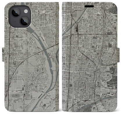 【伏見（京都府）】地図柄iPhoneケース（手帳タイプ）モノトーン・iPhone 14 Plus 用