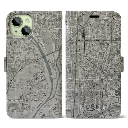 【伏見（京都府）】地図柄iPhoneケース（手帳タイプ）モノトーン・iPhone 15 用