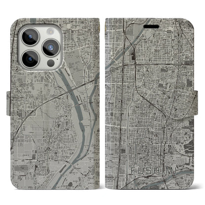 【伏見（京都府）】地図柄iPhoneケース（手帳タイプ）モノトーン・iPhone 15 Pro 用