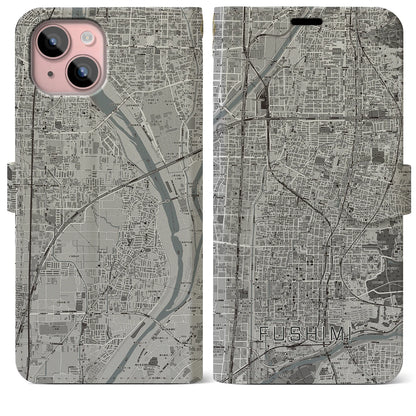 【伏見（京都府）】地図柄iPhoneケース（手帳タイプ）モノトーン・iPhone 15 Plus 用