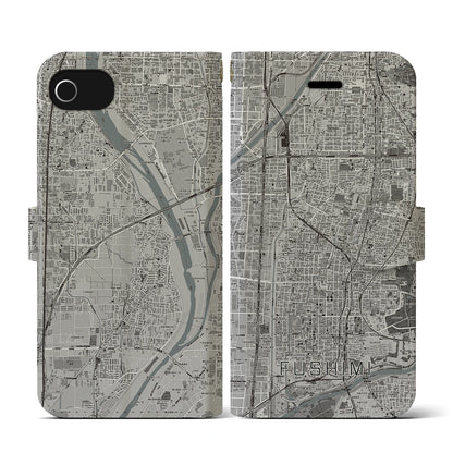 【伏見（京都府）】地図柄iPhoneケース（手帳タイプ）モノトーン・iPhone SE（第3 / 第2世代） / 8 / 7 / 6s / 6 用