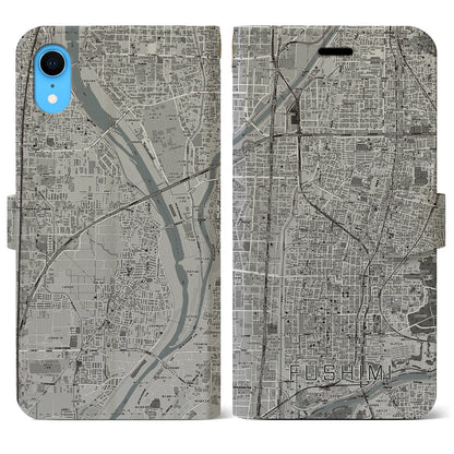 【伏見（京都府）】地図柄iPhoneケース（手帳タイプ）モノトーン・iPhone XR 用