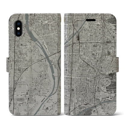 【伏見（京都府）】地図柄iPhoneケース（手帳タイプ）モノトーン・iPhone XS / X 用