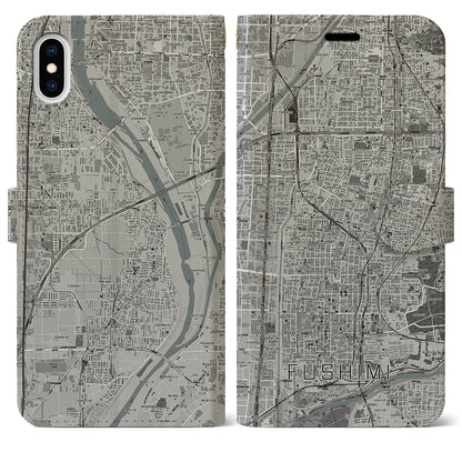 【伏見（京都府）】地図柄iPhoneケース（手帳タイプ）モノトーン・iPhone XS Max 用