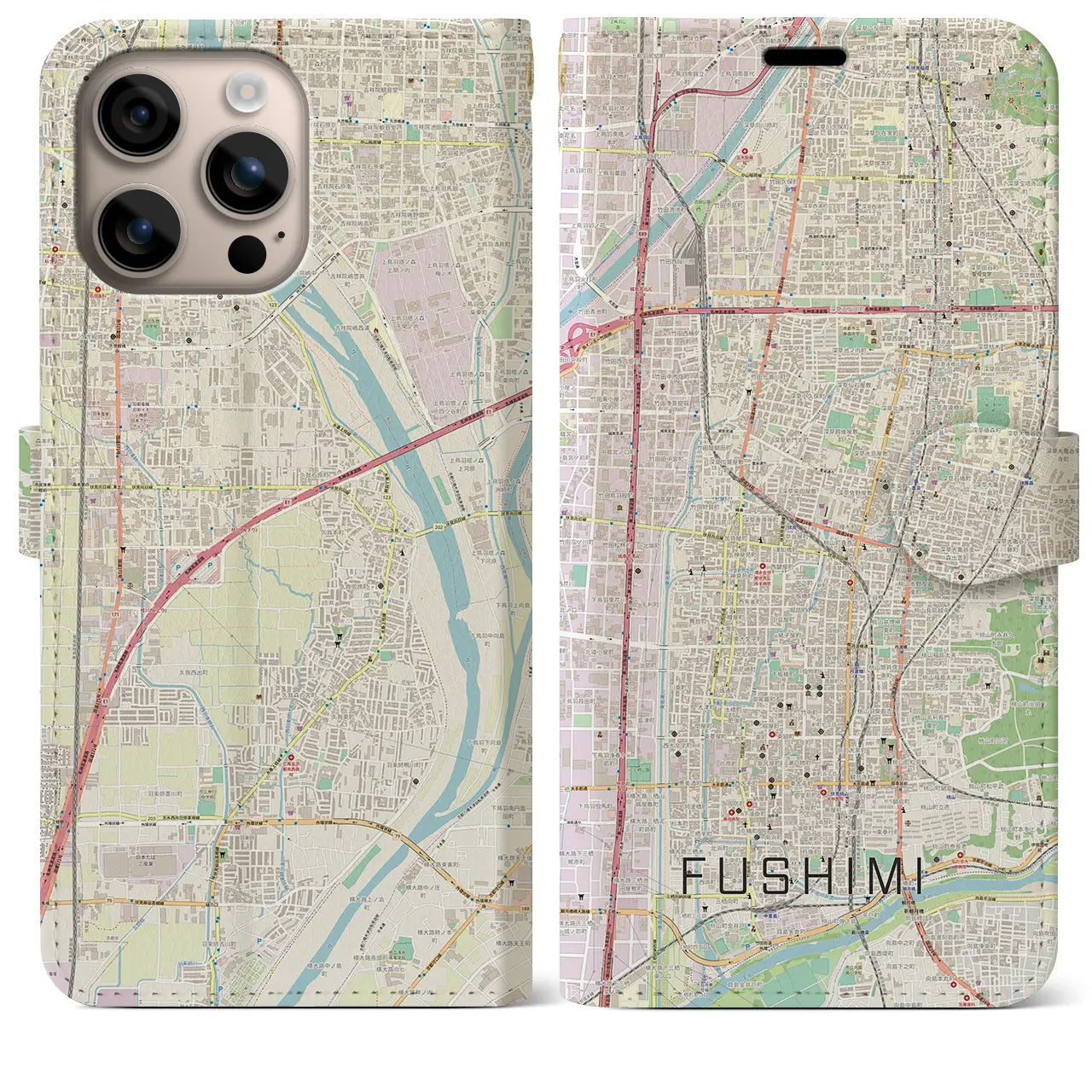 【伏見（京都府）】地図柄iPhoneケース（手帳タイプ）ナチュラル・iPhone 16 Plus 用