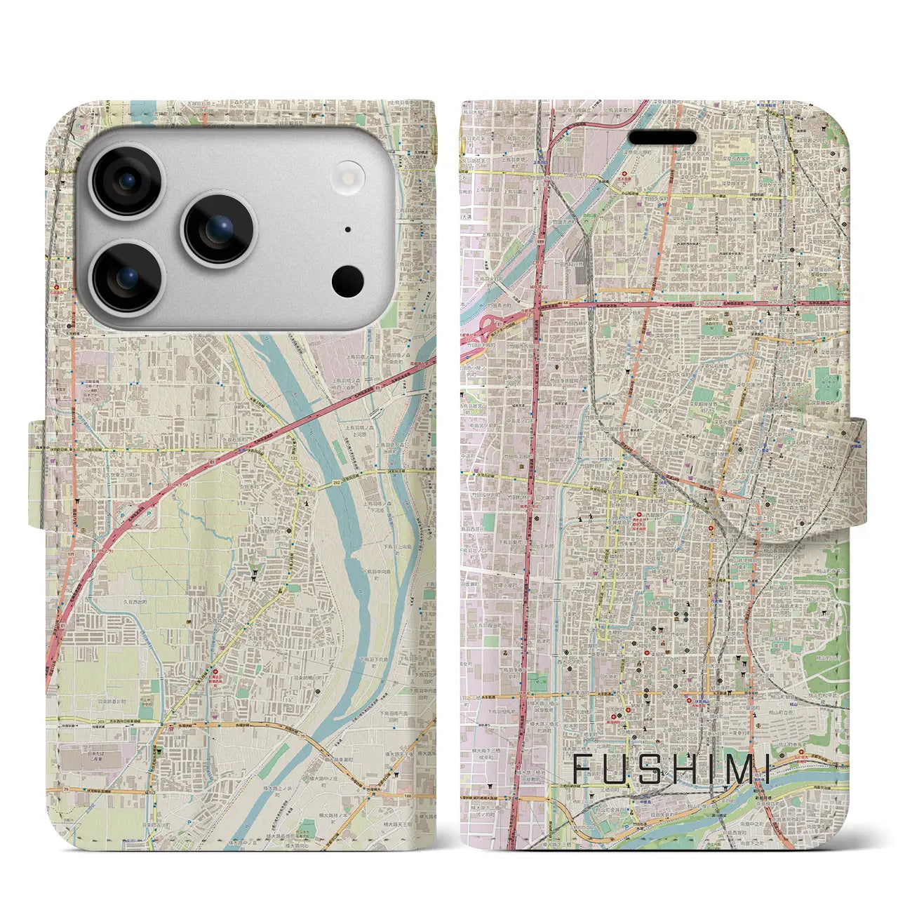 【伏見（京都府）】地図柄iPhoneケース（手帳タイプ）モノトーン・iPhone 17 Pro Max 用