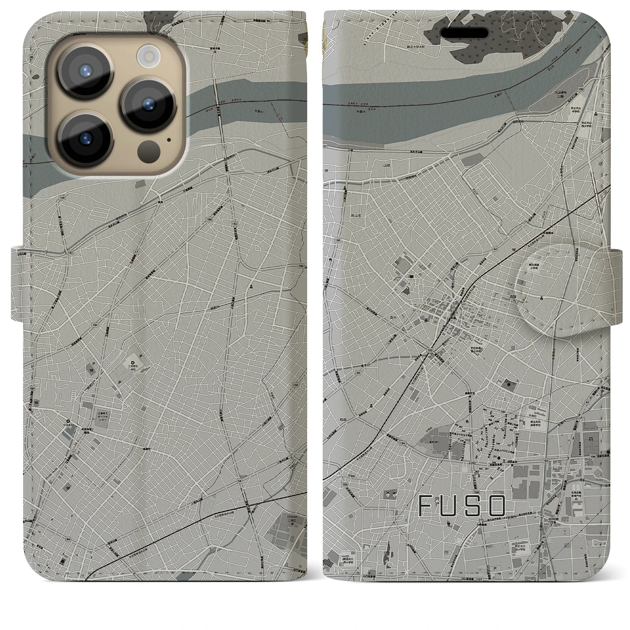 【扶桑】地図柄iPhoneケース（手帳両面タイプ・モノトーン）iPhone 14 Pro Max 用