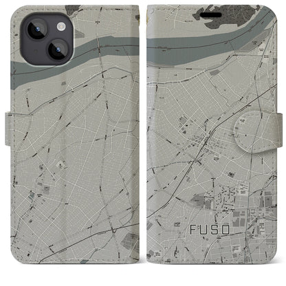 【扶桑（愛知県）】地図柄iPhoneケース（手帳タイプ）モノトーン・iPhone 14 Plus 用