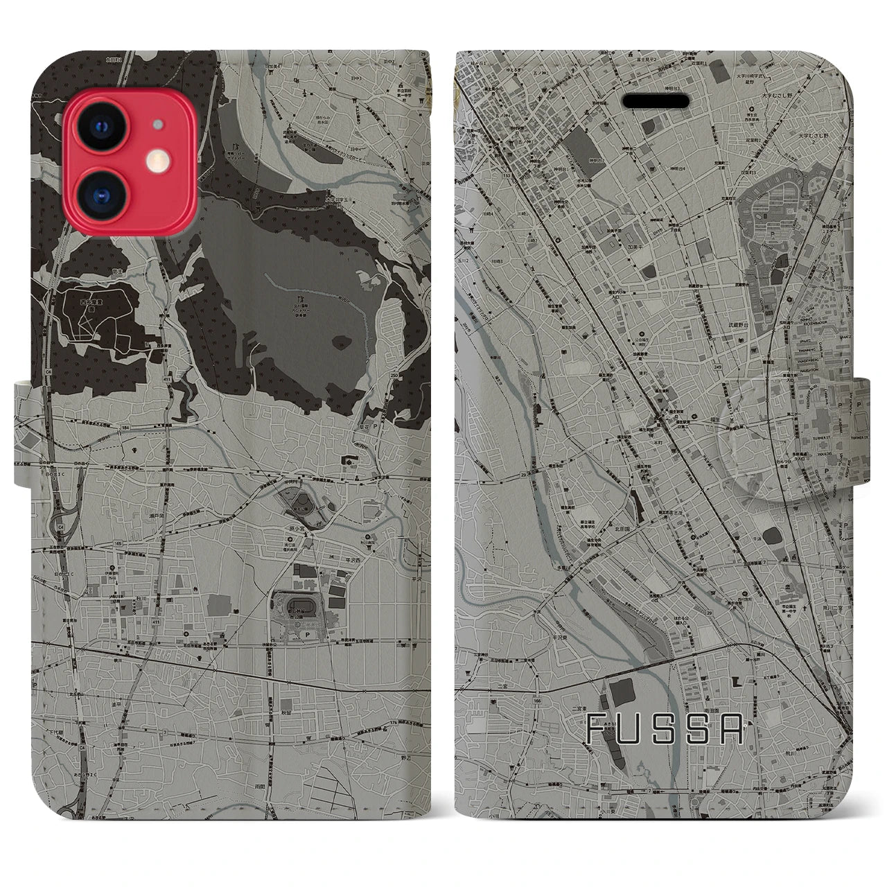 【福生】地図柄iPhoneケース（手帳両面タイプ・モノトーン）iPhone 11 用