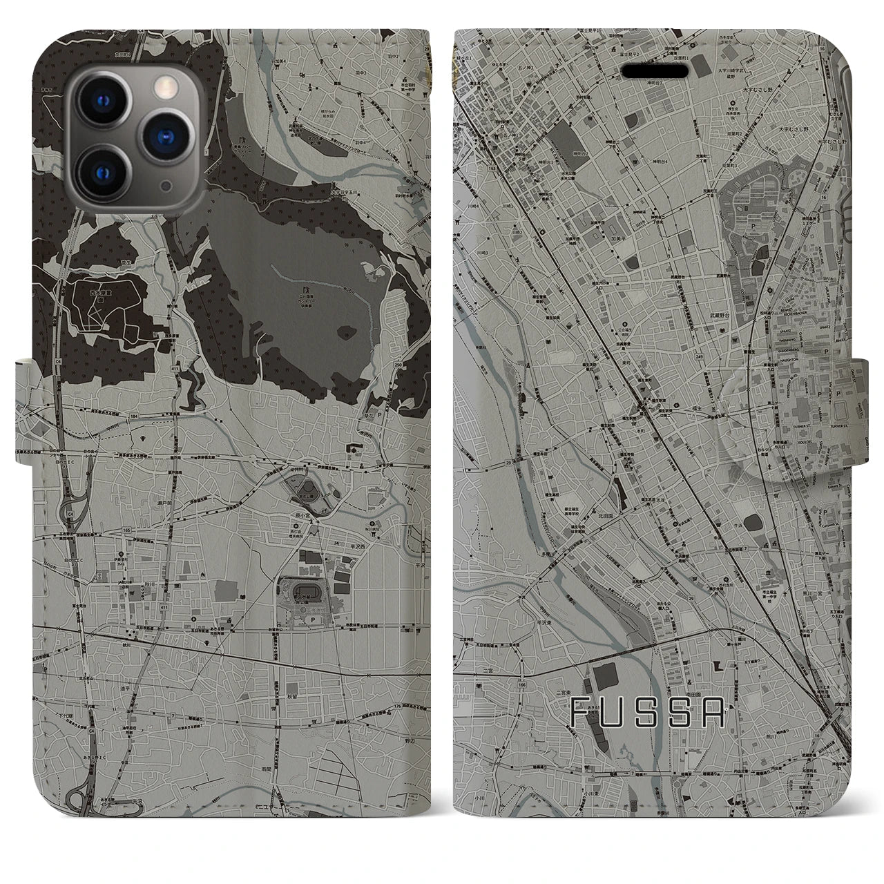 【福生】地図柄iPhoneケース（手帳両面タイプ・モノトーン）iPhone 11 Pro Max 用