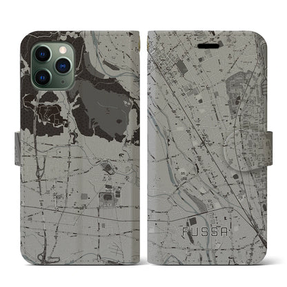 【福生（東京都）】地図柄iPhoneケース（手帳タイプ）モノトーン・iPhone 11 Pro 用