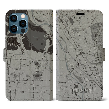 【福生（東京都）】地図柄iPhoneケース（手帳タイプ）モノトーン・iPhone 12 / 12 Pro 用