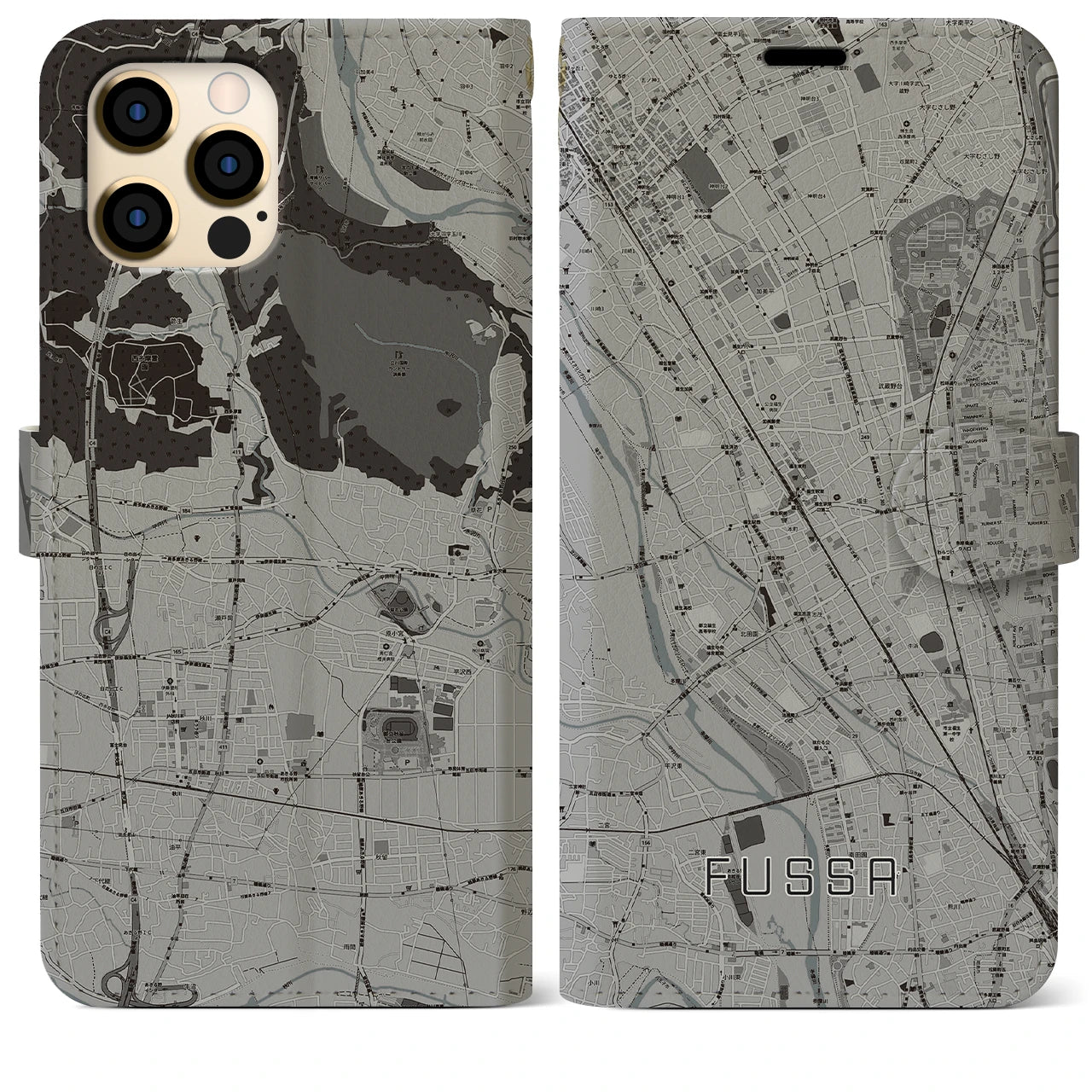 【福生】地図柄iPhoneケース（手帳両面タイプ・モノトーン）iPhone 12 Pro Max 用