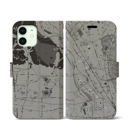 【福生（東京都）】地図柄iPhoneケース（手帳タイプ）モノトーン・iPhone 12 mini 用