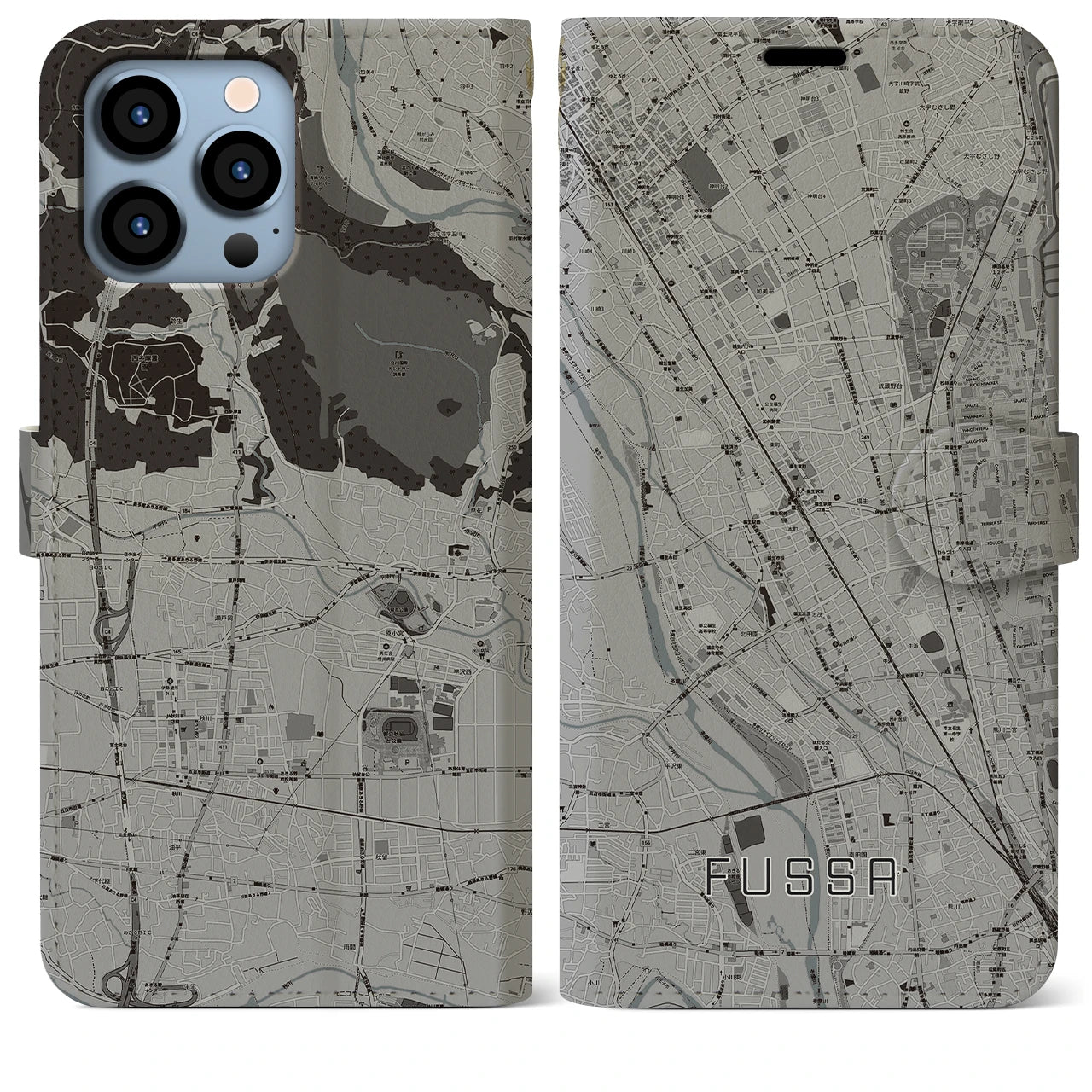 【福生】地図柄iPhoneケース（手帳両面タイプ・モノトーン）iPhone 13 Pro Max 用
