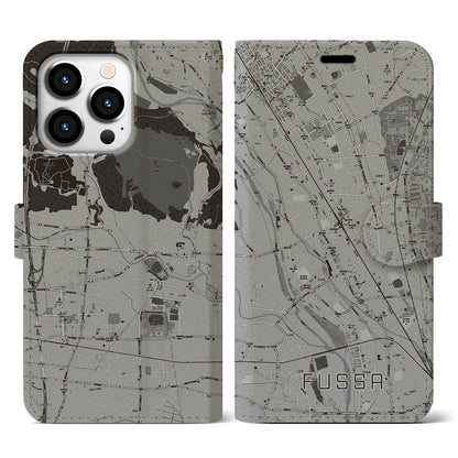 【福生（東京都）】地図柄iPhoneケース（手帳タイプ）モノトーン・iPhone 13 Pro 用