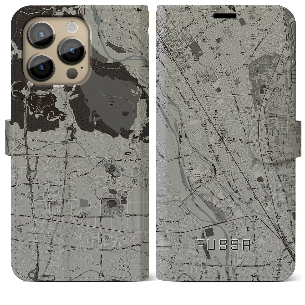【福生】地図柄iPhoneケース（手帳両面タイプ・モノトーン）iPhone 14 Pro Max 用