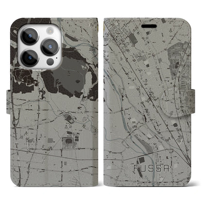 【福生（東京都）】地図柄iPhoneケース（手帳タイプ）モノトーン・iPhone 14 Pro 用